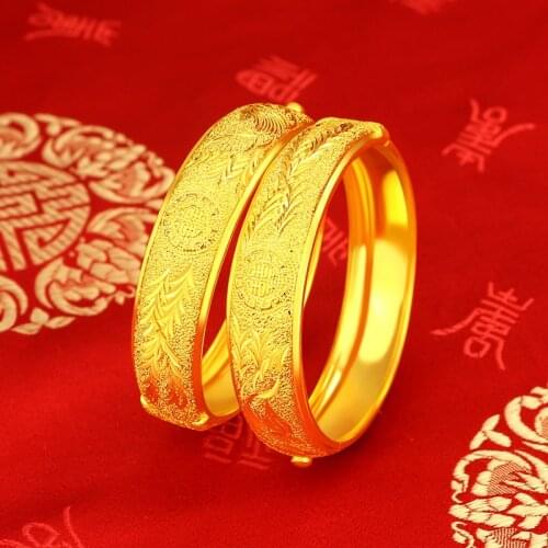 24K Yellow Gold Bracelet For Women 15m Double Happiness Dragon Phoenix Bracelet Bangle Wedding Engagement Fine Jewelry Gifts