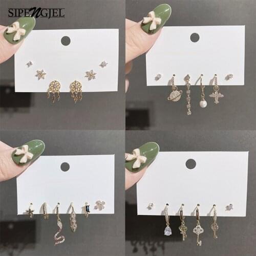 SIPENGJEL Fashion Zircon Cute Snake Dangle Hoop Earrings Set 6 Pcs Geometric Pearl Huggies Earrings For Women Jewelry Gift