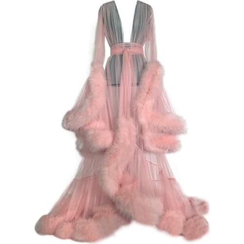Pink Feather Robes Evening Dresses Pregnant Women Photo Robe Womens Edge Tulle Long Bridal Bathrobe Bathrobes with Belt Custom