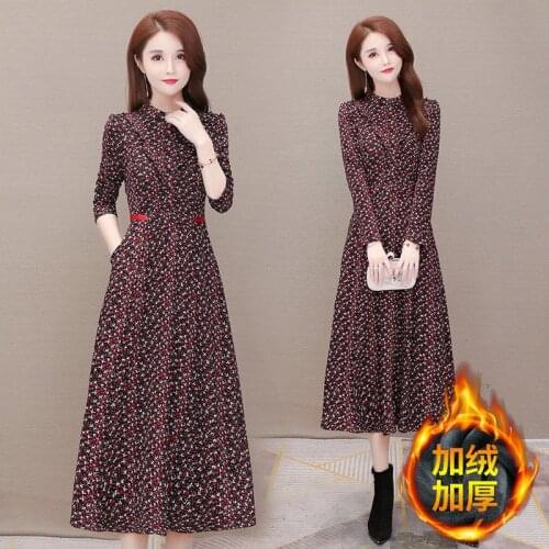 Floral Dress New Thick Velvet Thin Section Ladies Wind Stand Collar Bottom Skirt Dress Elastic Waist Casual High Waist Section