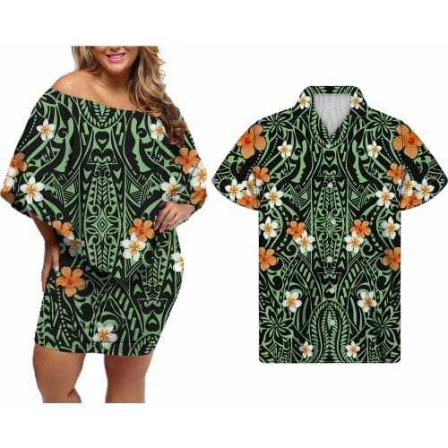 Hycool Polynesian Floral Print Bodycon Dress Women Samoa Striped Green Dresses Summer Casual Off Shoulder Dress Match Mens Shirt