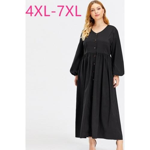 New 2021 spring autumn plus size shirt dress for women loose long sleeve black V neck ankle length pleated dress 4XL 5XL 6XL 7XL