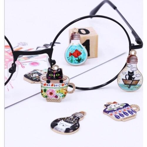 10pcs Printed cup cat Cute cartoon drip bulb alloy jewelry accessories Toy jewelry hairpin pendant