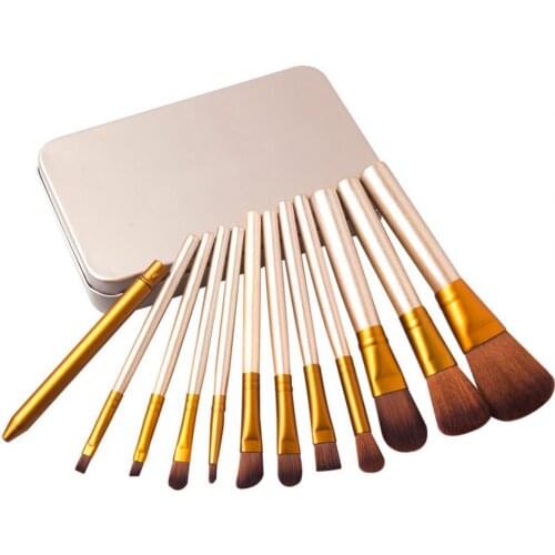 12Pcs/Set Makeup Brush Multifunctional Smooth Surface Portable Gold Wood Handle Cosmetic Beauty Brush Kit for Cosmetic