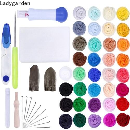 53PCS 5g 36Colors Felt Roving Wool Needle Felting Tool Kit Fiber Material 7 Needle Knitting Needles Felting Kits Finger Cots