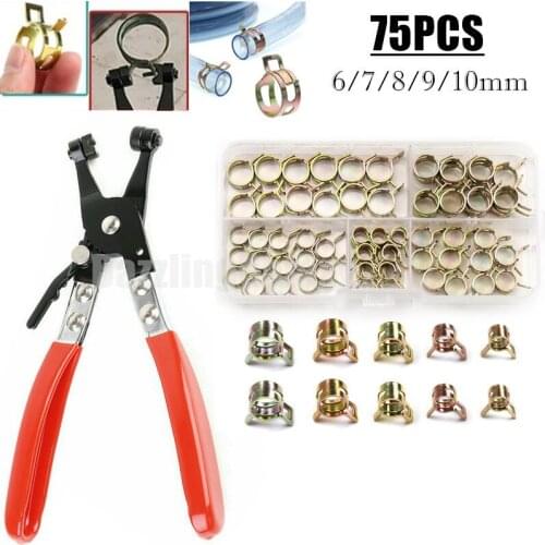 75PCS Spring Clip Fuel Hose Clamp Zinc Plated Four Claws Nut Gear Hose Fuel Line Clamp for Boats Motorcycles +1PC Hose Plier