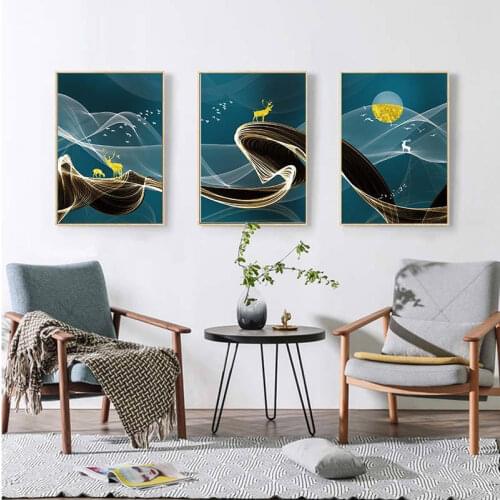 Abstract Sunrise and Deer Posters and Prints Wall Art Canvas Painting Pictures For Living Room Scandinavian Seascape Home Décor