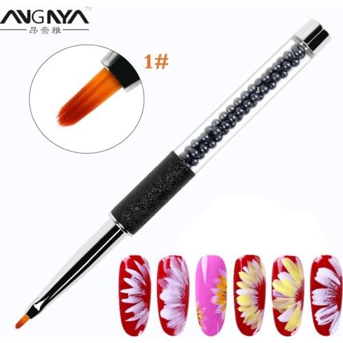 ANGNYA 1Pcs Nail Arts Petal Brush Black Pearl Decorate Metal Handle UV Gel Painting Drawing Flower Polish Pen DIY Manicure Tools