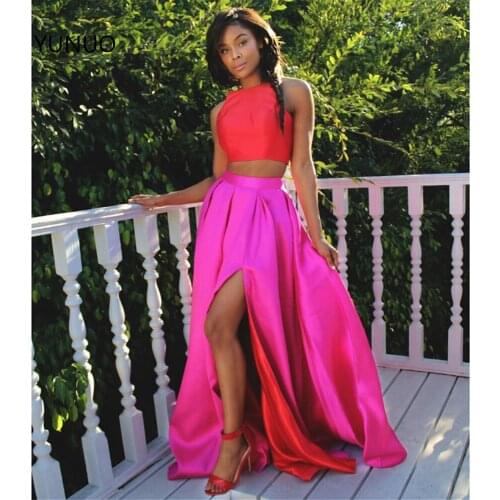 YUNUO Two-piece Satin Prom Party Dress Long Criss Cross Back Full Length Womens Dress Evening Formal Gowns Vestidos Slit