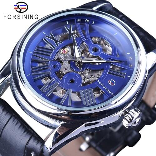 Forsining Classic Royal Blue Fashion Dial Design Black Leather Roman Number Transparent Mens Mechanical Watches Top Brand Luxury