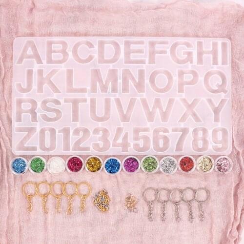 Silicone Molds Alphabet Number Mold Resin Epoxy Casting Moulds DIY Jewelry Keychain Ring Pendants Craft Kit with Glitter Sequins