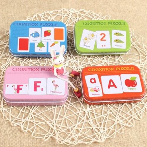 HOT Baby Kids Cognition Puzzle Toys Toddler Iron Box Cards Matching Game Cognitive Card Vehicl/Fruit/Animal/Life Set Pair Puzzle