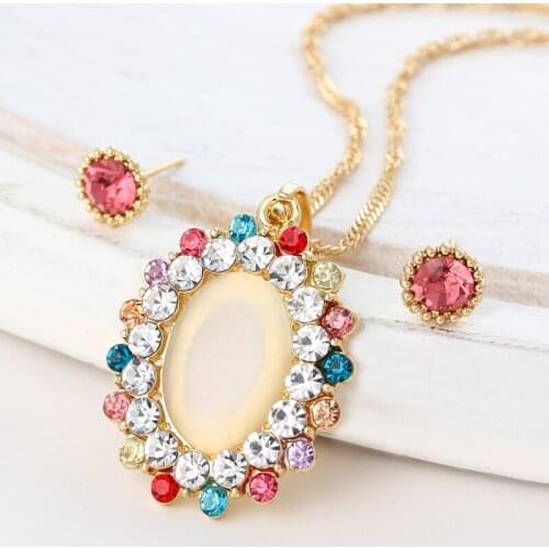 Hesiod Luxury Antique Retro Design Oval Round Big Crystal Pendant Necklace Earrings for Women Wedding Jewelry Sets Feminino