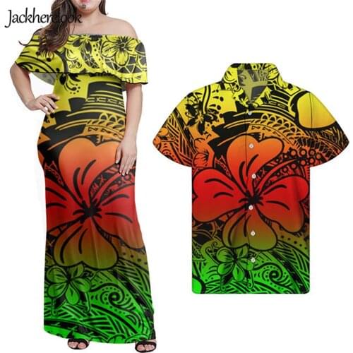 Jackherelook Gradient Hawaiian Party Long Dress Polynesian Tribal Samoa Floral Summer Women Off Shoulder Dresses Hibiscus Top