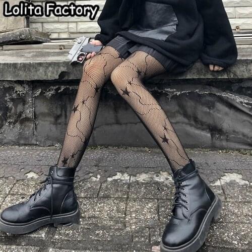 6 STYLES Gothic Lolita Tights Pantyhose Japanese Black Retro heart star Fishnet Lace Little Love Bottoming G Stockings Women
