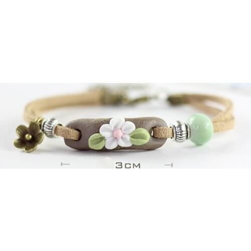 12 Pieces/Lot Leather Bracelet Flower Round Beads Bangles Rope Link Wristbands Bohemian Handmade Accessories For Women Fashion