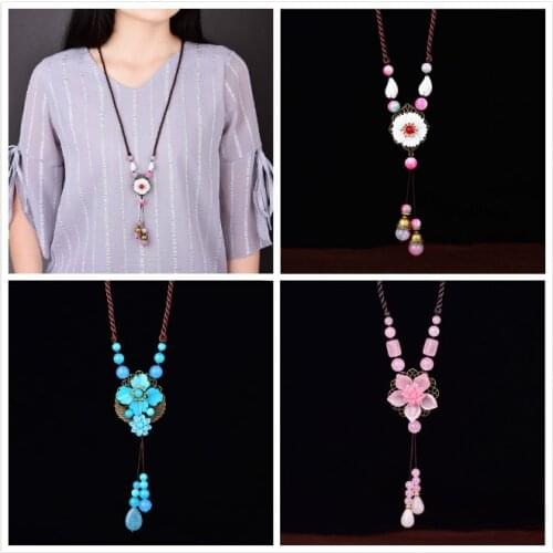 Personality Original Ethnic Style Sweater Chain Woman Bijoux Chinese Ancient Court Various Colours Coloured Glaze Necklaces