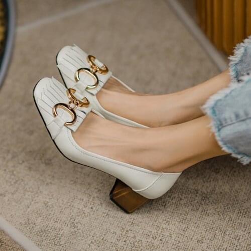 Fashion Women Pumps 2021 Spring Thick Heels Shoes for Women Genuine Leather Genuine Leather Office Lady Party Shoes for Woman