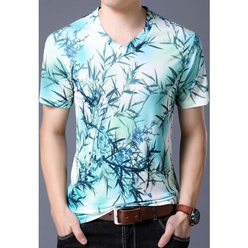Hot sale summer 2018 mens tree branch printing t shirt male casual floral v-neck t shirts short sleeve