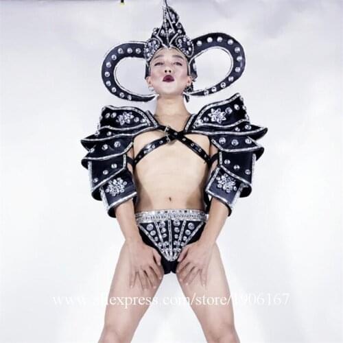 2018 Nightclub Men DS Rhinestone Armor Costume Dance Team Party Show Gothic Wild Male Performance Stage Clothes With Headwear
