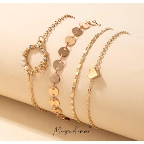 Wholesale Europe New Bohemia 4pc Set Anklet Set Gold Plating Alloy Sequin Heart Pendants Anklets Set