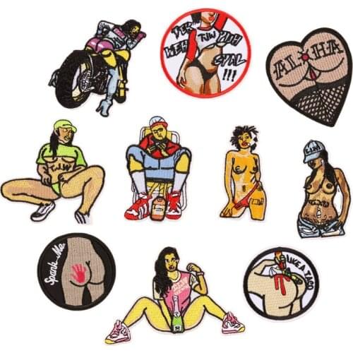 PGY 1Pcs Sexy Girl Iron On Round Punk Patches For Clothes Backpack DIY Embroidered Motorcycle Patch Sewing On Badge Applique