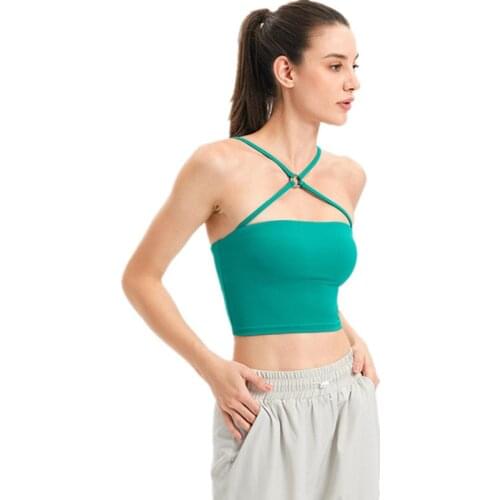 Alloy Ring Sexy Low-Cut One Word Collar Sports Tank Women Crop Top Gym Running Jogger Vest With Padded Women Cross Camisole