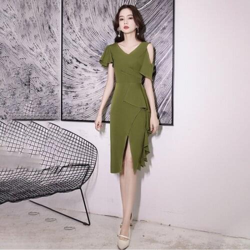 Special Occasion Dresses Vintage V-Neck Short Luxury Black Green Pleat A-Line Satin Knee-Length Elegant Women Prom Gowns E944