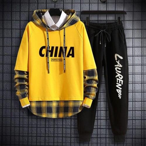 Casual Sportswear Mens SetHooded Sweatshirt + Pants2021 Autumn WinterFashionPatchwork Sports Suit Hip-Hop Pullover