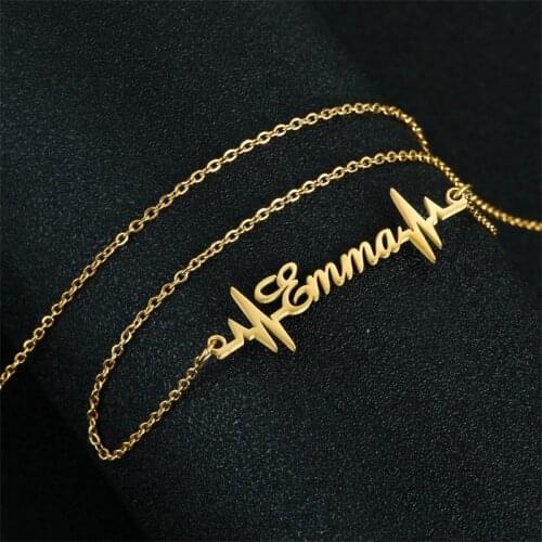 Stylisteel Fashion Personality Stainless Steel Name Necklace Gold Engraving Heartbeat Letter Pendant Nameplate Necklace