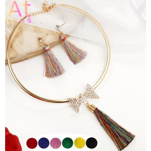 Rhinestone Bowknot Tassel Jewelry Set For Women Gold Plated Color Torque Necklace Multicolor Fringe Earrings Boho Sea Style