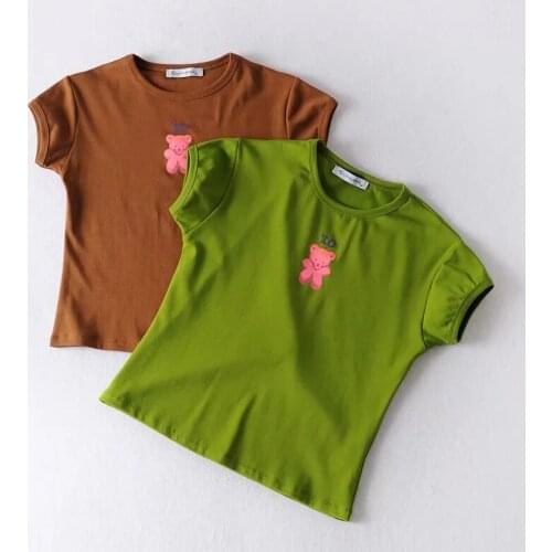 Vintage Clothing Bear Print Crop Tee Slim Socket Summer Short Sleeve T-Shirt Tee Cotton t Shirt Women Tshirt Top Shirt Clothes