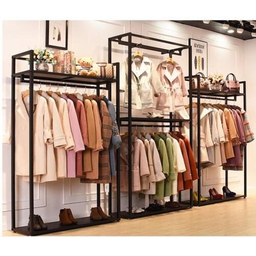 Clothing store display rack floor type mens and womens clothing store shelf display rack clothing rack double layer hangers