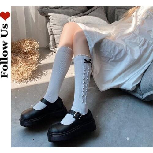 Japanese Woolen Belt C Tube Socks Woman Bowknot Wood Ears Solid Color Combed Cotton Stockings Lolita Sexy Breathable Socks