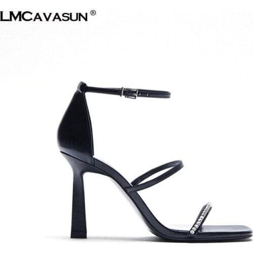 LMCAVASUN High Heel Shoes for womens Sandals Sexy One Word Ankle Strap Bright leather Peep toe Stiletto Lady Party Shoes