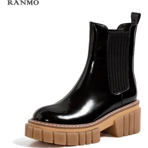 Wedged Boots for Women 2020 Autumn Winter Genuine Leather Shoes Woman Mixed Colors Party Chunky Heels Ankle Boots Heels Shoes