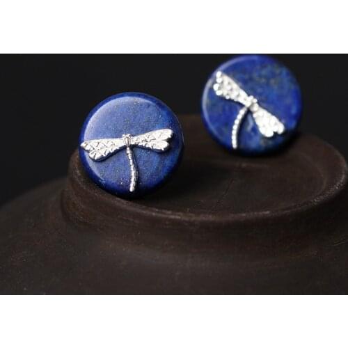 Flyleaf 925 Sterling Silver Round Lapis Lazuli Dragonfly Stud Earrings For Women Ethnic Style Lady Sterling-silver-jewelry
