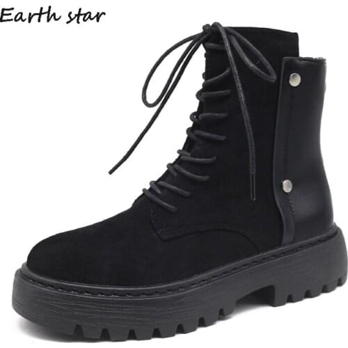 Casual Platform Shoes Women Matin Boots Cross-tied Fashion Autumn Ladies Ankle Boots Front Zipper Female botas mujer Black Shoes