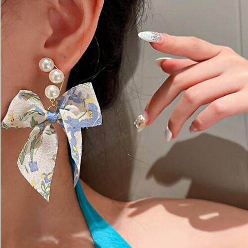 VSnow Summer Blue Color Chiffon Bow-knot Dangle Earring for Women Femme Asymmetry Faux Pearl Holiday Earrings Jewelry Pendientes