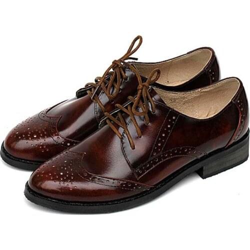 Plus Size 34-44 Brogues Lace Up Women Oxford Shoes 2017 Spring Bullock Genuine leather Women Flats Shoes Vintage Zapato Mujer