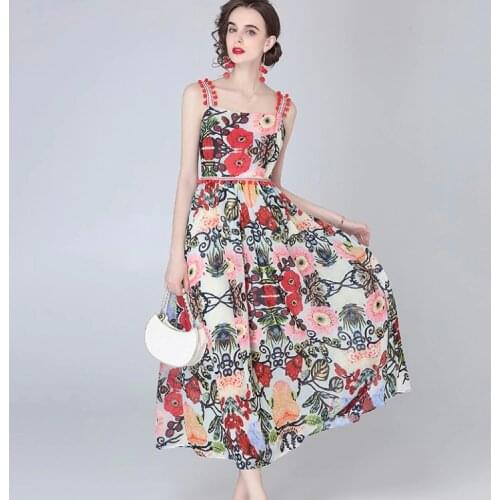 Women Dresses 2021 Summer French Design Sexy Elegant Ladies Floral Chiffon Sling High Waist Vacation Long Dress Vestidos