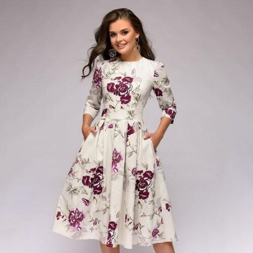 Elegant Vintage A Line Swing Dress Tunic Women Floral Print High Waist Empire 3/4 Sleeve Robe Evening Party Dress Vestidos
