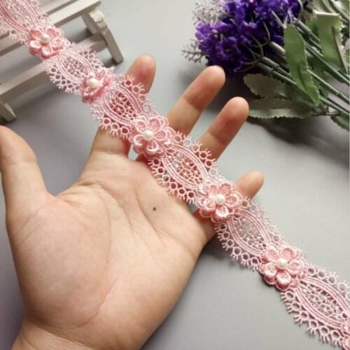 1 yard Pink Soluble Pearl Flower Embroidered Lace Trim Ribbon Fabric Handmade DIY For Costume Sewing Supplies Craft Decoration