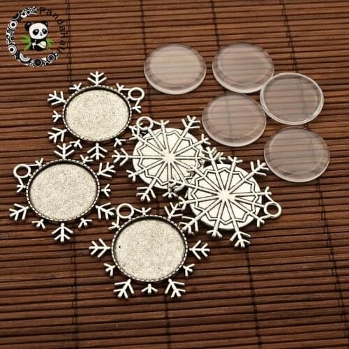 25x4mm Dome Transparent Glass Cabochon X'mas Ornament Antique HOT Metal Connector Jewelry Alloy Snowflake Pendant Settings DIY