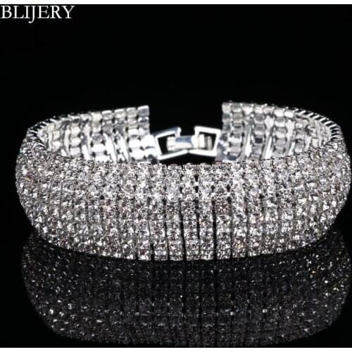 BLIJERY Fashion Bridal Bracelets For Women Silver Color 8 Rows Rhinestone Bracelets & Bangles Wedding Jewelry Accessories