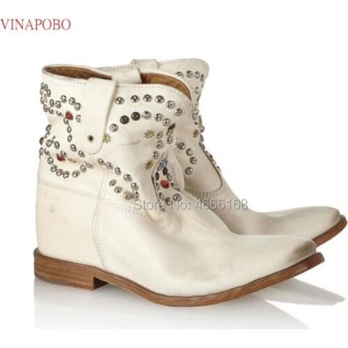 2019 Original Leather High Top Short rivet Wedge Ankle Boots Spring Autumn Woman Flats Height Increaing Heels Motorcycle Boots