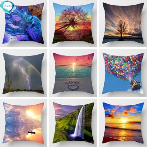 Natural Scenery Printed Polyester Cushion Cover Nature Balloon Ocean Starfish Pillow Case Home Decorative Pillowcase for Sofa