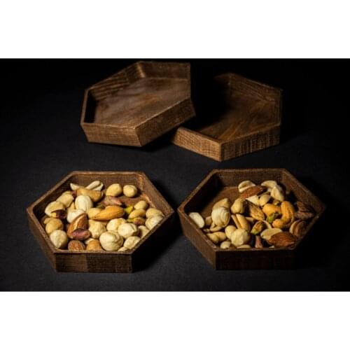 Wooden Snack Plate Fruit Nuts Presentation Plate Rustic 4-Piece Solid Wood Carved Hexagon
