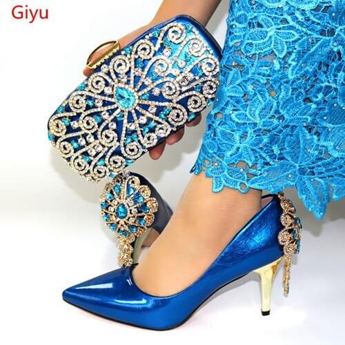 Doershow Italian Shoes With Matching Bags Set Italy African Womens Party Shoes and Bag Sets blue Color Women shoes!!SYT1-9