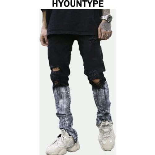 Bottom Graffiti Printed Zipper Denim Jeans Mens Ripped Knee Hole Biker Jean Motorcycle Slim Trousers Streetwear Hip Hop Pants
